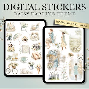 May include: A set of 192 digital stickers featuring a daisy theme. The stickers include illustrations of flowers, birds, houses, and other cute elements. The stickers are perfect for adding a touch of whimsy to your digital planner, journal, or other projects.