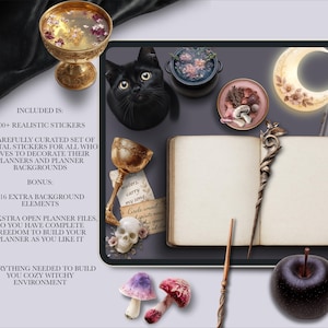 May include: A digital planner kit with a witchy theme, featuring a black cat, a chalice, a cauldron, a crescent moon, a skull, mushrooms, a wand, and an open book. The text includes "100+ realistic stickers" and "everything needed to build you cozy witchy environment."