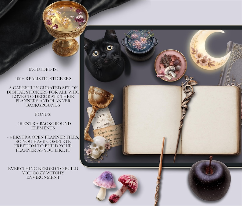 May include: A digital planner kit with a witchy theme, featuring a black cat, a chalice, a cauldron, a crescent moon, a skull, mushrooms, a wand, and an open book. The text includes "100+ realistic stickers" and "everything needed to build you cozy witchy environment."