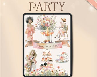 Garden Party Digital Stickers | GoodNotes & Noteful Sticker Book | Watercolour Planner Stickers | Precropped PNG | Cottagecore iPad Journal
