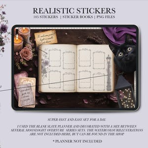 May include: An open planner with decorative elements, including candles, roses, and a black cat. The text "REALISTIC STICKERS" and "105 STICKERS | STICKER BOOKS | PNG FILES" are visible. Additional text includes "To welcome peace light a candle" and "Stars above guide my dreams tonight."
