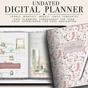 May include: An undated digital planner with a floral cover design and a white stylus. The planner includes yearly, monthly, weekly, and daily templates. The open pages show watercolor illustrations and the text "Life Planner".