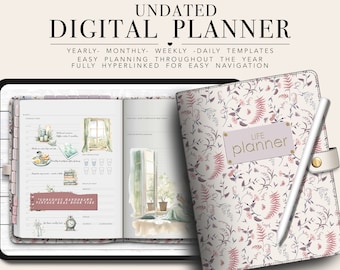 May include: An undated digital planner with a floral cover design and a white stylus. The planner includes yearly, monthly, weekly, and daily templates. The open pages show watercolor illustrations and the text "Life Planner".