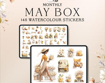 May Digital Stickers for GoodNotes & Noteful, Watercolor Planner Stickers, Aesthetic Spring Planner Kit, Cozy Lifestyle PNG Stickers Bundle