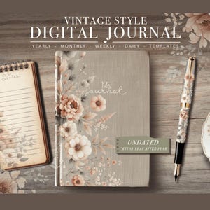 May include: A vintage-style digital journal with a floral design, a notepad, and a pen. The journal is gray with the words "My journal" on the cover. The notepad has lined pages. The pen has a floral pattern. The text "VINTAGE STYLE DIGITAL JOURNAL" is at the top.