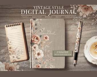 May include: A vintage-style digital journal with a floral design, a notepad, and a pen. The journal is gray with the words "My journal" on the cover. The notepad has lined pages. The pen has a floral pattern. The text "VINTAGE STYLE DIGITAL JOURNAL" is at the top.
