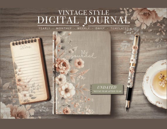 Digital Daily Hyperlinked journal, Vintage Junk Journal Diary, Selfimprovement Daily Journaling Diary, GoodNotes Retro 2024 Selfcare journal