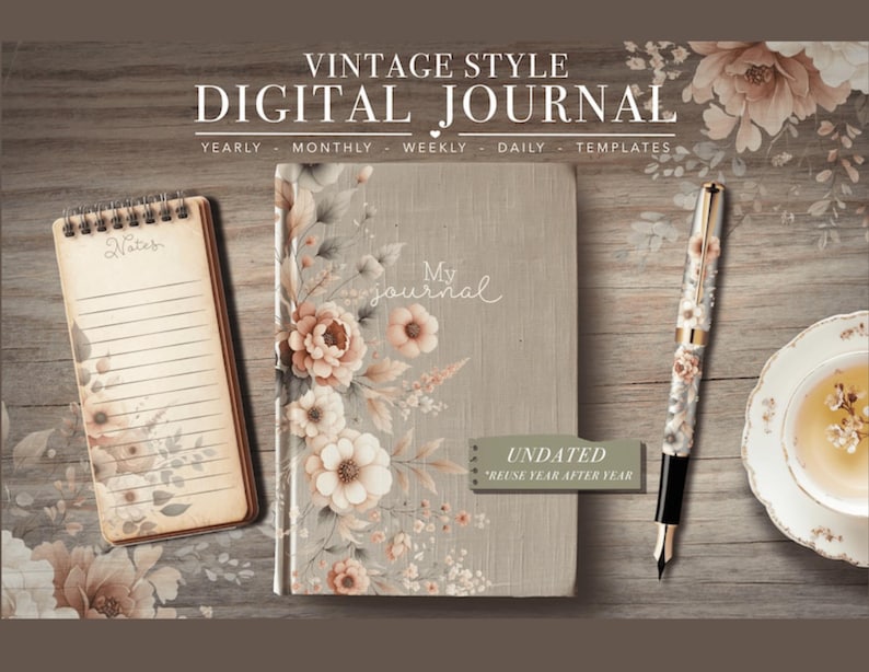 May include: A vintage-style digital journal with a floral design, a notepad, and a pen. The journal is gray with the words "My journal" on the cover. The notepad has lined pages. The pen has a floral pattern. The text "VINTAGE STYLE DIGITAL JOURNAL" is at the top.