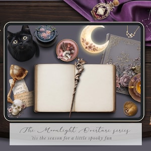 May include: A digital art composition featuring a black cat, open book, and various mystical items. A wand, chalice, skull, and crescent moon are also present. The text reads "The Moonlight Overture series" and "'tis the season for a little spooky fun".