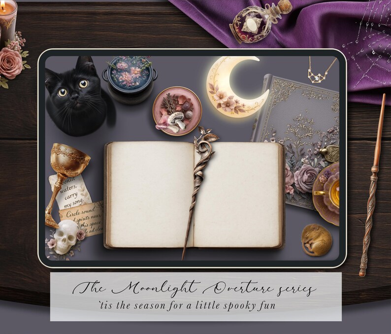 May include: A digital art composition featuring a black cat, open book, and various mystical items. A wand, chalice, skull, and crescent moon are also present. The text reads "The Moonlight Overture series" and "'tis the season for a little spooky fun".