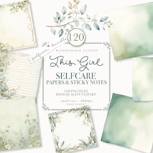 May include: A set of 120 watercolor clipart papers and sticky notes featuring a green and blue floral design. The text "This Girl Selfcare Papers & Sticky Notes" is written in a decorative font.