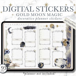 May include: Digital planner stickers with a gold moon and magic theme. The stickers feature a variety of designs, including moons, stars, flowers, and other celestial elements. The stickers are designed for use with GoodNotes.