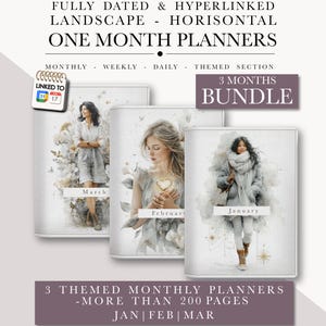 May include: A bundle of three one-month planners with the months January, February, and March. Each planner features a watercolor illustration of a woman. The text on the cover reads "ONE MONTH PLANNERS" and "3 MONTHS BUNDLE".