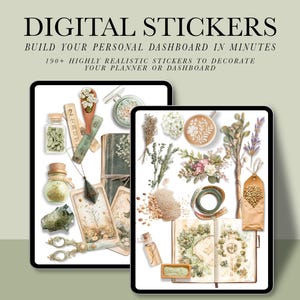 May include: Digital stickers for planners and dashboards. The stickers feature a variety of botanical and nature-inspired illustrations, including flowers, leaves, herbs, and a cup of coffee. The stickers are in a vintage style with a muted color palette of beige, brown, and green.