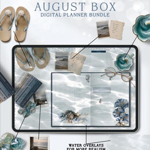 May include: The August Box digital planner bundle features a tablet displaying a monthly calendar with blue floral accents, water overlays, and a portrait. Surrounding items include flip-flops with shells, books, a small bowl, and photos.