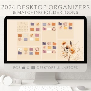 Offre groupée de productivité Work Business School 2024 | Ensemble d’icônes de bureau personnalisé pour Windows et Mac | Organisateur de bureau | Fond d'écran fleurs sauvages