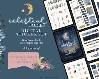 Könnte beinhalten: Ein digitaler Sticker-Set mit einem himmlischen Thema. Das Set enthält eine Vielzahl von Stickern mit Mond, Sternen, Sternbildern, Kristallen und floralen Elementen. Die Sticker sind im Aquarell-Stil mit einem blauen und goldenen Farbschema gestaltet. Der Text "himmlische Körper" ist auf den Stickern abgebildet.