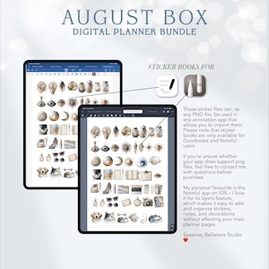 May include: August Box digital planner bundle featuring two tablet screens displaying various digital sticker illustrations including celestial motifs, fashion accessories, pets, and stationery items, with text explaining compatibility for annotation apps.