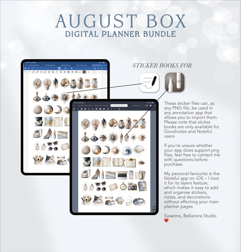 May include: August Box digital planner bundle featuring two tablet screens displaying various digital sticker illustrations including celestial motifs, fashion accessories, pets, and stationery items, with text explaining compatibility for annotation apps.
