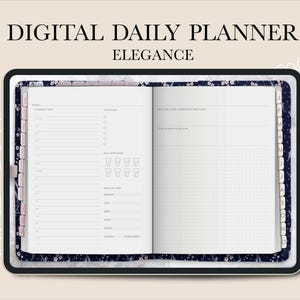 Può includere: Agenda giornaliero digitale su un tablet, aperto su una pagina vuota con sezioni per attività e note. Il tablet ha una cornice nera con un bordo a motivi floreali. Il testo "DIGITAL DAILY PLANNER" e "ELEGANCE" è in alto.