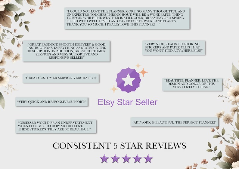 May include: A collage of positive customer reviews for a planner with floral designs. The reviews highlight the planner's thoughtful details, beautiful design, and high-quality stickers and paper clips. The text "Etsy Star Seller" is featured in the center of the image.