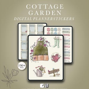 May include: Digital planner stickers with a cottage garden theme. The image shows three tablets displaying various stickers, including monthly calendars, gardening tools, and floral elements. The text reads "COTTAGE GARDEN DIGITAL PLANNERSTICKERS".