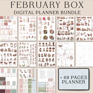Puede incluir: Un paquete de planificador digital con el texto "FEBRUARY BOX DIGITAL PLANNER BUNDLE". El paquete incluye varias p&aacute;ginas de planificador digital, pegatinas y plantillas con una est&eacute;tica suave y femenina. El paquete incluye una tableta con el texto "+ 68 PAGES PLANNER".