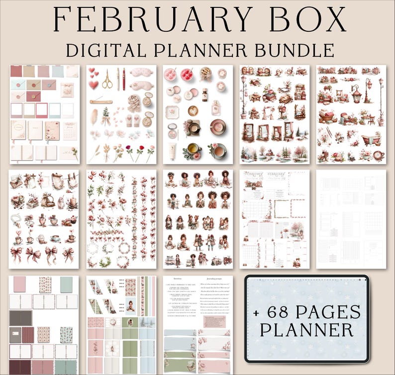Puede incluir: Un paquete de planificador digital con el texto "FEBRUARY BOX DIGITAL PLANNER BUNDLE". El paquete incluye varias p&aacute;ginas de planificador digital, pegatinas y plantillas con una est&eacute;tica suave y femenina. El paquete incluye una tableta con el texto "+ 68 PAGES PLANNER".