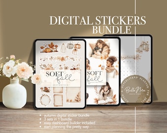 May include: Digital sticker bundle with a soft fall aesthetic. The bundle includes three sets of stickers with illustrations of pumpkins, leaves, flowers, and women. The stickers are designed for use in a hyperlinked planner.