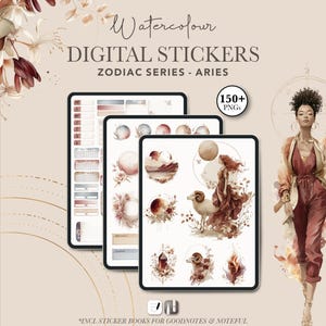 May include: Digital stickers for Goodnotes and Noteful, featuring watercolor illustrations of the Aries zodiac sign. The stickers include images of a ram, celestial bodies, and floral elements. The color palette is primarily warm tones of brown, beige, and red.