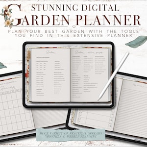 Puede incluir: Un planificador de jard&iacute;n digital con un dise&ntilde;o floral. El planificador incluye un calendario mensual, un &iacute;ndice y p&aacute;ginas adicionales para la planificaci&oacute;n. El texto "STUNNING DIGITAL GARDEN PLANNER" est&aacute; en la parte superior de la imagen. El texto "PLAN YOUR BEST GARDEN WITH THE TOOLS YOU FIND IN THIS EXTENSIVE PLANNER" est&aacute; debajo del t&iacute;tulo. El texto "HUGE VARIETY OF PRACTICAL SPREADS *MONTHLY & WEEKLY PLANNING" est&aacute; en la parte inferior de la imagen.