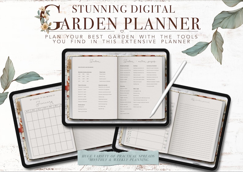 Puede incluir: Un planificador de jard&iacute;n digital con un dise&ntilde;o floral. El planificador incluye un calendario mensual, un &iacute;ndice y p&aacute;ginas adicionales para la planificaci&oacute;n. El texto "STUNNING DIGITAL GARDEN PLANNER" est&aacute; en la parte superior de la imagen. El texto "PLAN YOUR BEST GARDEN WITH THE TOOLS YOU FIND IN THIS EXTENSIVE PLANNER" est&aacute; debajo del t&iacute;tulo. El texto "HUGE VARIETY OF PRACTICAL SPREADS *MONTHLY & WEEKLY PLANNING" est&aacute; en la parte inferior de la imagen.