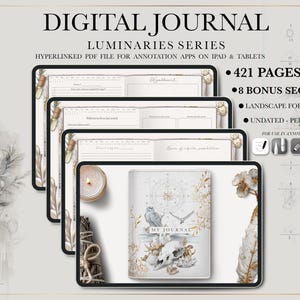 Puede incluir: Diario digital de la serie Luminaries, diseñado para iPad y tabletas. El diario presenta 421 páginas, 8 secciones de bonificación y un formato horizontal. El diseño de la portada incluye una calavera, pájaros y elementos florales.