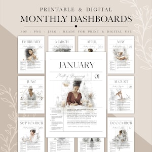 May include: Printable and digital monthly dashboards with watercolor illustrations for each month of the year. The design includes the months of January, February, March, April, May, June, August, September, and December. The text includes "Printable & Digital Monthly Dashboards".