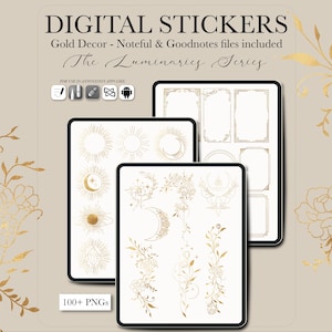 May include: Digital stickers displayed on tablets. The image features gold decor elements, including suns, moons, floral designs, and frames. Text on the image reads "DIGITAL STICKERS" and "The Luminaries Series".