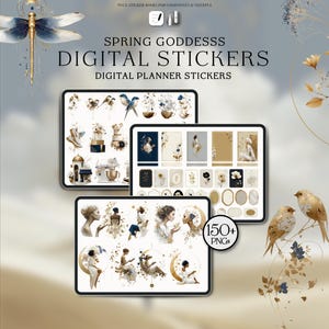 Op de afbeelding: Digitale plannerstickers met een lentegodinnenthema. De afbeelding toont drie tablets met verschillende stickerontwerpen, waaronder bloemstukken, vogels en elegante figuren. De tekst luidt "SPRING GODDESSS DIGITAL STICKERS" en "DIGITAL PLANNER STICKERS".