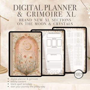 May include: Digital planner and grimoire with over 560 pages. The cover features a whimsical illustration of a moon, stars, and flowers in a soft pink and brown colour scheme. The text "My Planner" is featured in the centre of the cover.