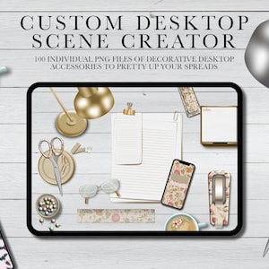 Puede incluir: Ilustración digital de una escena de escritorio con varios accesorios. La escena incluye una tableta, una lámpara de escritorio, tijeras, gafas, un teléfono inteligente y una taza de té. El texto dice "CUSTOM DESKTOP SCENE CREATOR".