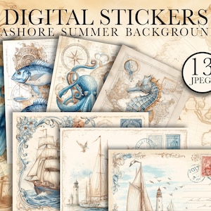 Fondos de verano con vistas al mar / 13 JPEG vintage náuticos / Papeles digitales con mapas oceánicos para planificadores y manualidades / Scrapbooking digital