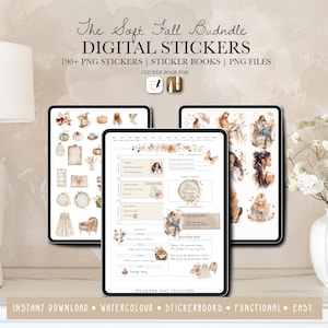 May include: Three digital tablets displaying digital stickers and planner pages. The image text reads "The Soft Fall Bundle DIGITAL STICKERS" and "190+ PNG STICKERS | STICKER BOOKS | PNG FILES". The bottom of the image reads "INSTANT DOWNLOAD • WATERCOLOUR • STICKERBOOKS • FUNCTIONAL • EASY".
