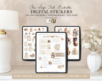 May include: Three digital tablets displaying watercolor digital stickers and planner pages. The text on the image reads "The Soft Fall Bundle DIGITAL STICKERS" and "190+ PNG STICKERS | STICKER BOOKS | PNG FILES". The bottom of the image reads "INSTANT DOWNLOAD • WATERCOLOUR • STICKERBOOKS • FUNCTIONAL • EASY".
