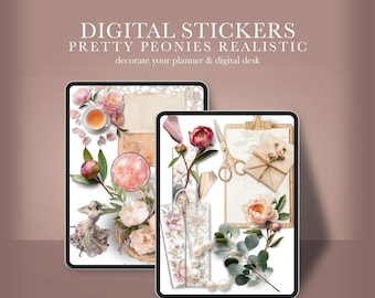 Pegatinas realistas de Peonías Destacadas, pegatinas para planificadores de primavera, pegatinas para planificadores digitales GoodNotes y pegatinas para crear escenas de planificadores.