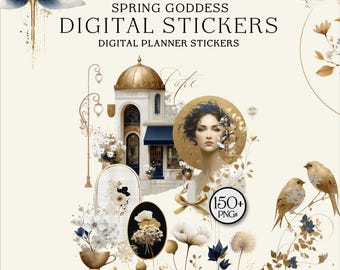 Spring Goddess Digital Stickers | Feminine Planner Stickers | 150+ PNG Elements for GoodNotes & Noteful | Blue Gold Spring Kit