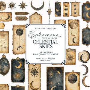 May include: A set of 101 digital stickers featuring celestial imagery, including moons, stars, and constellations. The stickers are designed in a vintage style with a distressed, aged look. The text "Ephemera Junk Journal Celestial Skies" is displayed in the center of the image.
