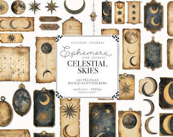 Könnte beinhalten: Ein Set mit 101 digitalen Stickern mit himmlischen Motiven, darunter Monde, Sterne und Sternbilder. Die Sticker sind im Vintage-Stil mit einem abgenutzten, gealterten Look gestaltet. Der Text "Ephemera Junk Journal Celestial Skies" ist in der Mitte des Bildes zu sehen.