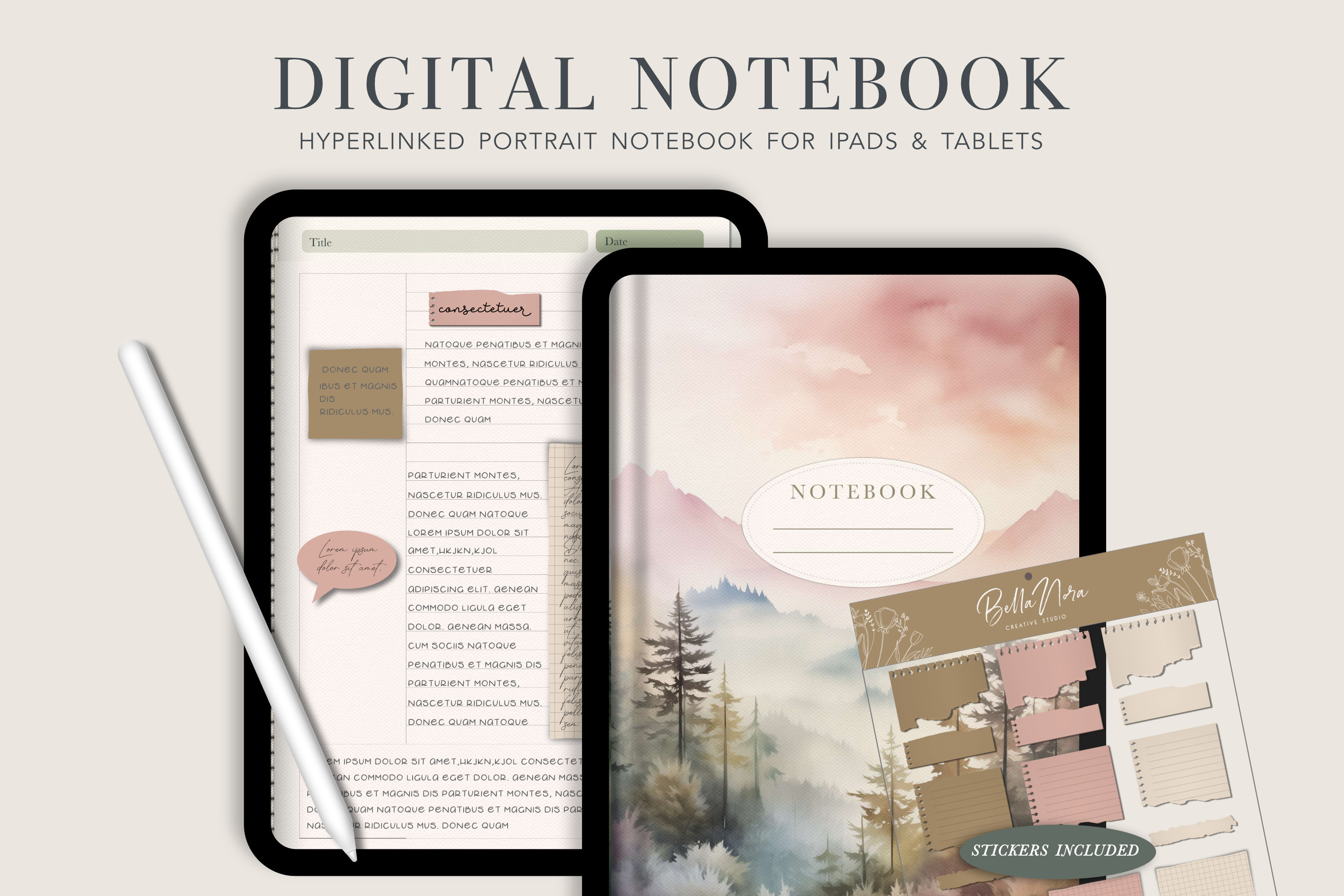 Portrait Digital Notebook, Digital Notes,Cornell journal,Goodnotes Cornell notes,Notability template,goodnotes template,iPad Notebook