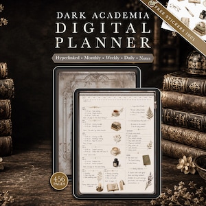 May include: A digital planner with 456 pages featuring a dark academia theme. The interface includes hyperlinked monthly, weekly, daily, and notes sections. The screen displays a daily schedule with vintage illustrations of books, tea, and ink.