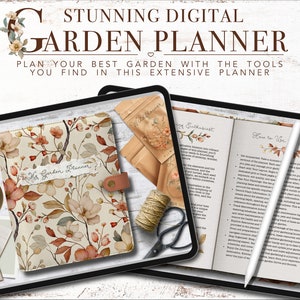 Könnte beinhalten: Ein digitaler Gartenplaner auf einem Tablet mit einem floralen Design auf dem Cover. Der Planer enthält Abschnitte für "Green Planner" und "So verwenden Sie diesen Planer".