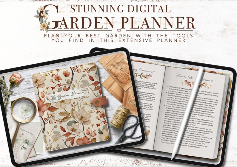 Puede incluir: Un planificador de jard&iacute;n digital en una tableta con una cubierta de dise&ntilde;o floral. El planificador incluye secciones para "Green Planner" y "C&oacute;mo usar este planificador".