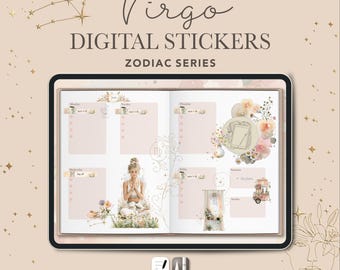 Virgo Digital Planner GoodNotes Stickers,Noteful Zodiac Sticker Book, Astrology PNG Stickers, Botanical Watercolor Virgo Stickers